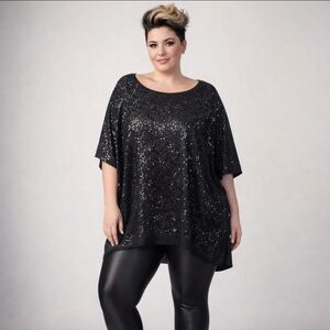 Diane Gilman DG2 Black Sequin Front Batwing Oversized Comfy Knit Top Sz 2X